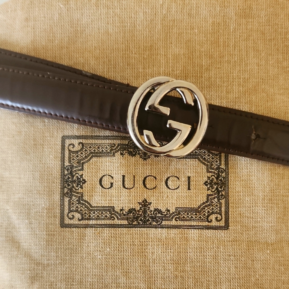 Gucci GG Leather Belt Mahogany Brown Silver 35 Inches S M
